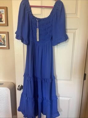 Women's Cobalt Blue Tiered Smocked Midi Dress- She & Sky